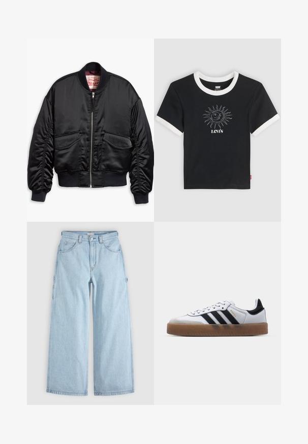 Veste bomber noire en satin lisse au design raccourci, avec poignets et ourlet côtelés, deux poches avant et une fermeture à glissière.; T-shirt noir à manches courtes Levi's avec bordure blanche au col et aux manches, présentant un graphisme blanc de soleil et de lune au-dessus du logo Levi's.; Jean en denim bleu clair à jambes larges avec poches avant, passants de ceinture et boucles latérales pour outils, posé à plat sur un fond gris.; Baskets en cuir blanc avec des rayures noires, semelle extérieure en caoutchouc beige, bout rond, fermeture lacée et embout en suède gris doux.