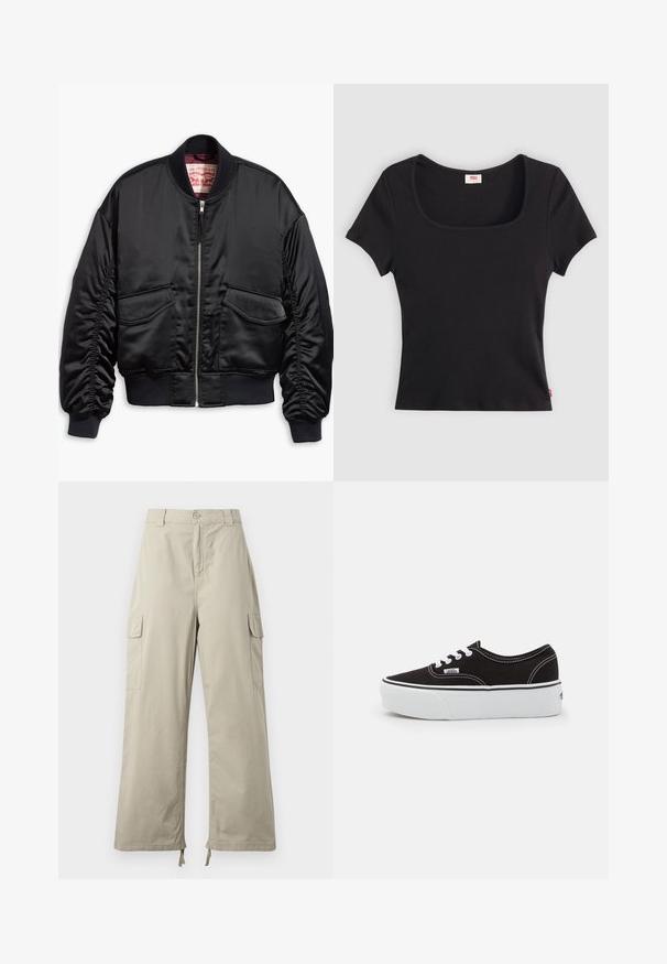 Veste bomber noire en satin lisse au design raccourci, avec poignets et ourlet côtelés, deux poches avant et une fermeture à glissière.; Haut noir à manches courtes en tissu côtelé, avec un décolleté carré large et une coupe ajustée, orné d'une petite étiquette logo rouge au bas.; Pantalons cargo beige clair avec une coupe décontractée, dotés d'une fermeture à bouton, de poches latérales et d'un ourlet ajustable avec des liens. Texture de tissu lisse.; Baskets en toile noires avec une semelle en caoutchouc blanc, dotées de lacets et de coutures blanches, marquage emblématique sur le côté, design basse.