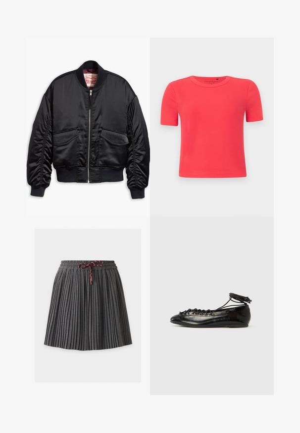 Veste bomber noire en satin lisse au design raccourci, avec poignets et ourlet côtelés, deux poches avant et une fermeture à glissière.; T-shirt à manches courtes en tissu côtelé doux de couleur corail vif. Doté d'un col rond et d'une silhouette ajustée.; Jupe plissée gris foncé avec une taille élastique et un cordon bordeaux noué au centre devant.; Ballerines en cuir verni noir avec un bout rond, un design à lacets et une semelle plate. Texture lisse avec peu de détails.