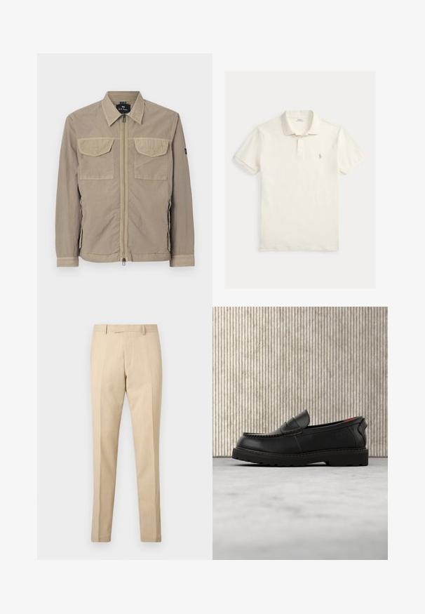 Beige, letvægtsjakke med to brystlommer, lynlåslukning foran og krave. Struktureret stof med elastiske manchetter.; Hvid polo t-shirt med korte ærmer, krave, tre-knaps slids og lille broderet logo på venstre bryst.; Beige skræddersyede herrebukser med bæltestropper, forreste pressfolder og skjult lynlåslukning, vist på en ensfarvet hvid baggrund.; Sort læderloafer med robust sål og rødt indvendigt for, placeret i luften over beige tæppe og nær træmøbler.