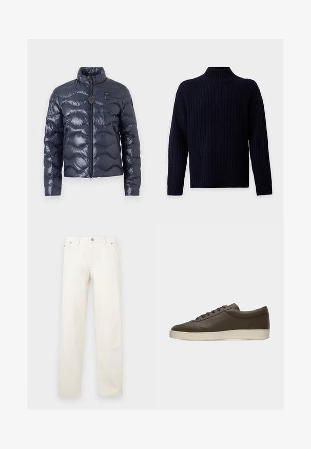 Veste matelassée bleu marine avec col montant, fermeture éclair à l'avant, poches latérales et une petite étiquette noire en forme de cœur sur la poitrine.; Pull tricoté bleu marine avec col montant côtelé, manches longues et motif texturé sur fond uni.; Jean blanc à jambe droite en denim, doté d'une braguette à boutons, de passants pour ceinture et de cinq poches. Le tissu présente une texture lisse.; Baskets basses en cuir marron foncé avec lacets sur le devant et semelle en caoutchouc couleur crème, vues de côté extérieur sur fond blanc.