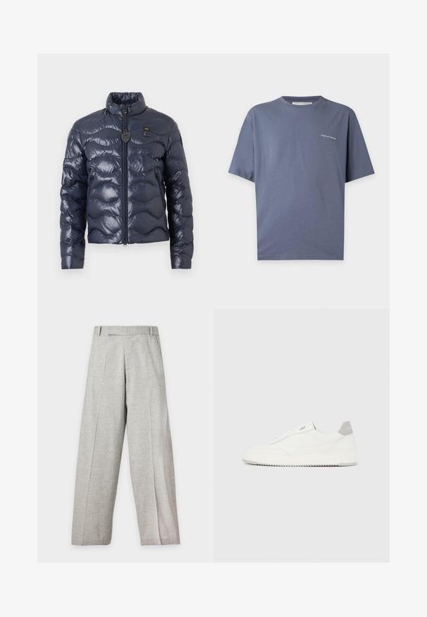 Veste matelassée bleu marine avec col montant, fermeture éclair à l'avant, poches latérales et une petite étiquette noire en forme de cœur sur la poitrine.; T-shirt bleu uni à manches courtes avec un petit texte blanc "Tiger of Sweden" sur le côté gauche de la poitrine sur fond blanc.; Pantalon large gris clair avec plis sur le devant, passants pour ceinture et coupe droite, présenté sur un fond blanc uni.; Baskets basses blanches avec un onglet de talon gris, des lacets blancs et une semelle texturée, présentées sur un fond uni clair.