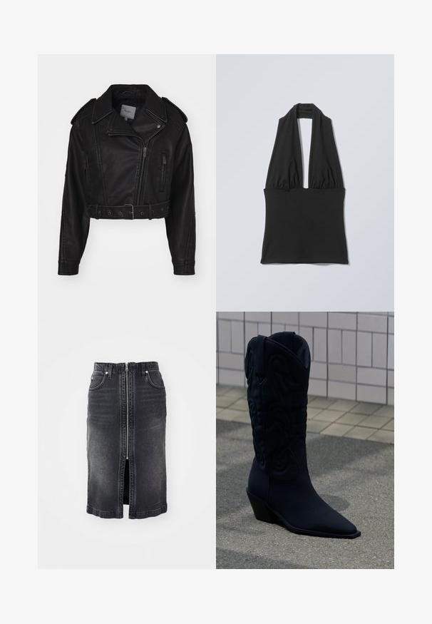 Kort zwart leren jack met ritssluiting, schouderepauletten en zijzakken. Beschikt over een tailleriem en een gladde textuur.; Zwarte mouwloze haltertop met geplooide stof bij de buste en een brede band in de taille, weergegeven op een vlakke lichtgrijze achtergrond.; Zwarte denim rok met een ritssluiting aan de voorkant, twee zijzakken, een middelmatig lange snit en subtiele vervaging. Heeft een rechte snit en afgewerkte randen.; Zwarte cowboylaars met decoratief stiksel en schuine hak op grijze bestrating bij een achtergrond van betegelde muur.