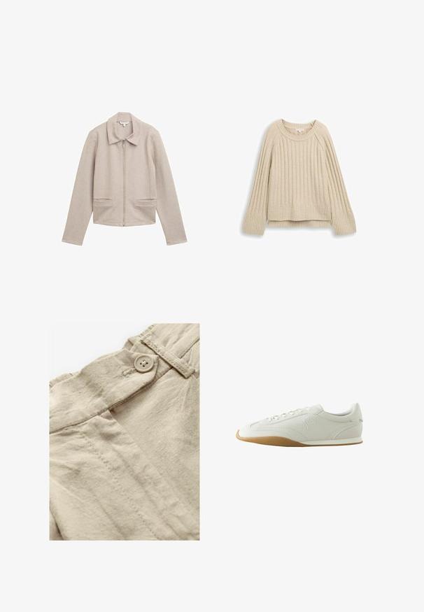 Veste zippée beige clair avec un col, des manches longues et deux poches avant. Fabriquée en tissu côtelé et texturé.; Pull à côtes beige avec un col rond, des manches raglan longues et un ourlet légèrement court. Tissu texturé avec une apparence douce.; Tissu en lin beige avec une fermeture à bouton visible et des détails de couture. La texture est légèrement froissée, montrant une finition douce et naturelle.; Baskets basses blanches avec semelle en caoutchouc marron, détails de couture, fermeture à lacets à l'avant et logo brodé sur le côté.