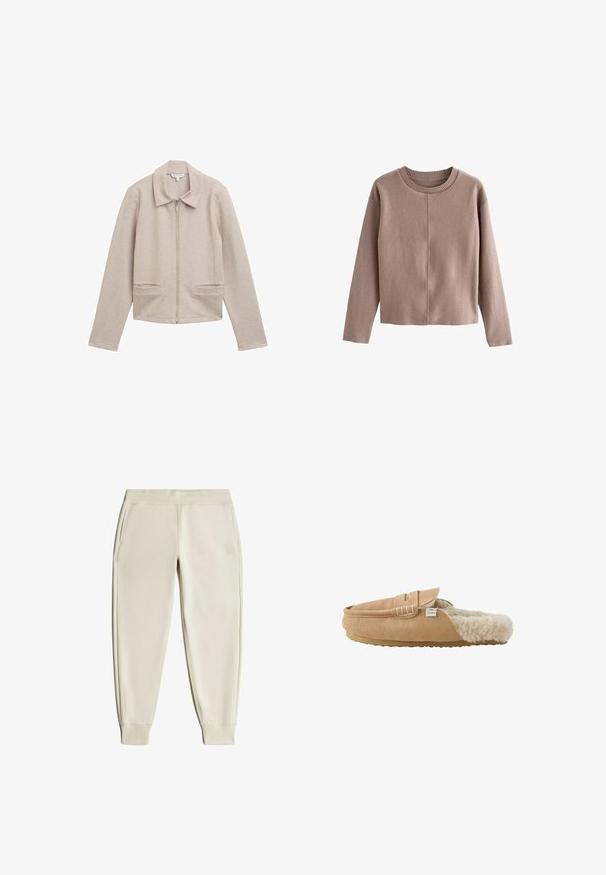 Veste zippée beige clair avec un col, des manches longues et deux poches avant. Fabriquée en tissu côtelé et texturé.; Sweater court couleur brun clair en tissu doux, avec un col rond côtelé et des manches longues, présentant une texture lisse et des coutures minimales.; Jogging beige en tissu doux, avec une taille élastiquée, deux poches latérales et des poignets côtelés aux chevilles.; Chausson mule en daim marron clair avec doublure en fausse fourrure crème douce et semelle en caoutchouc plate, vue de côté.