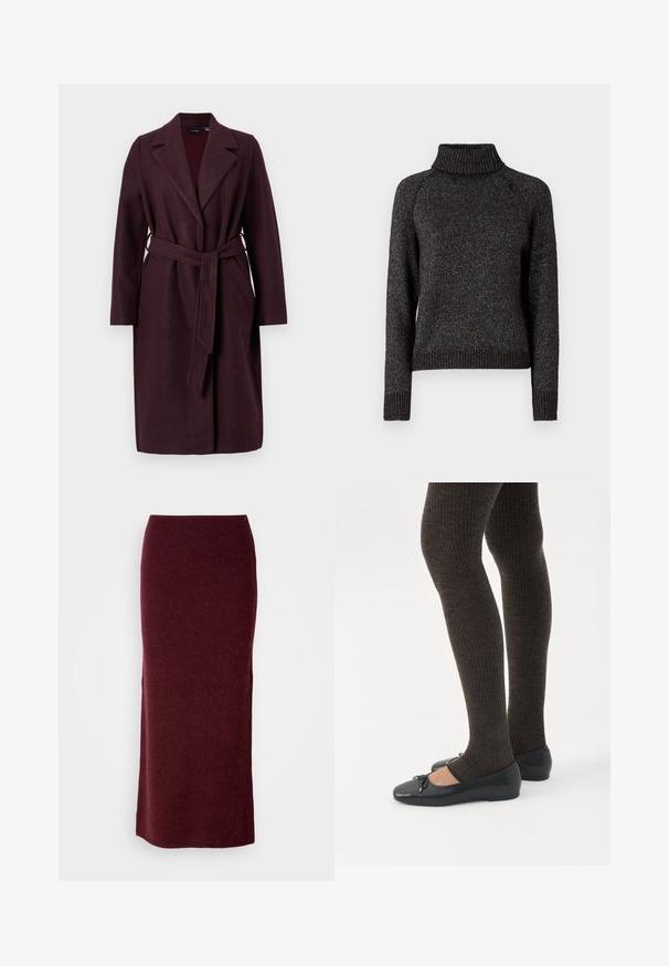 Μπλέιζερ από βουργουνδισκό μάλλινο ύφασμα με γιακά σαλονιού, μακριά μανίκια και ζώνη από το ίδιο ύφασμα. Διαθέτει πλαϊνές τσέπες και κλείσιμο με ένα κουμπί.; Noisy May NMTARA ROLL NECK - Πουλόβερ - blackv; Μακριά φούστα από μαλλί σε μπορντώ απόχρωση με εφαρμοστή σιλουέτα, λείο υφή και ίσια φάσα. Χωρίς ορατούς κρουνούς ή διακοσμήσεις.; Πόδια με σκουρόχρωμα ριμπ κολάν συνδυασμένα με μαύρα μπαλαρίνα παπούτσια με μικρές λεπτομέρειες φιόγκων σε λευκό φόντο.