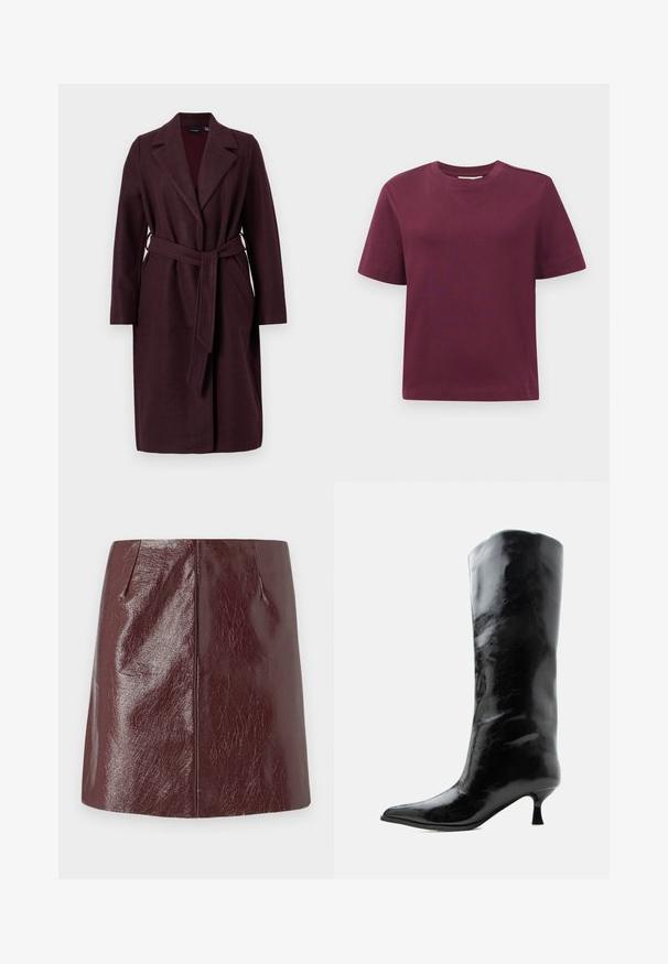 Bordeaux wollen jas met een sjaalkraag, lange mouwen en een bijpassende stoffen riem. Voorzien van zijzakken en een enkele knoopsluiting.; Effen donkerrode t-shirt met korte mouwen en ronde hals, weergegeven tegen een witte achtergrond.; Vero Moda VMNELLY SKIRT - Minirok - wine tasting; Zwarte glanzende kniehoge leren laars met puntige neus en lage gebogen hak op een effen lichte achtergrond.