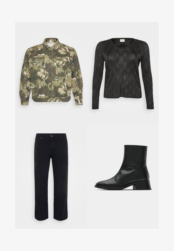 Militærinspireret skjortejakke i grøn camouflageprint. Har nitter på kraven og manchetterne, med to brystlommer og lange ærmer.; Sort langærmet sweater med et struktureret, glitrende design. Har rund halsudskæring og ribbede kanter ved nederdelen og ærmerne. Letvægtsmateriale.; Sorte denimjeans med lige ben-design. Funktioner inkluderer en knaplukning i taljen, bæltestropper og front-/baglommer. Glat tekstur.; Sort ankelstøvle lavet af blank læder, med et strømlinet design, spids tå og en moderat blokhælhøjde for stabilitet.