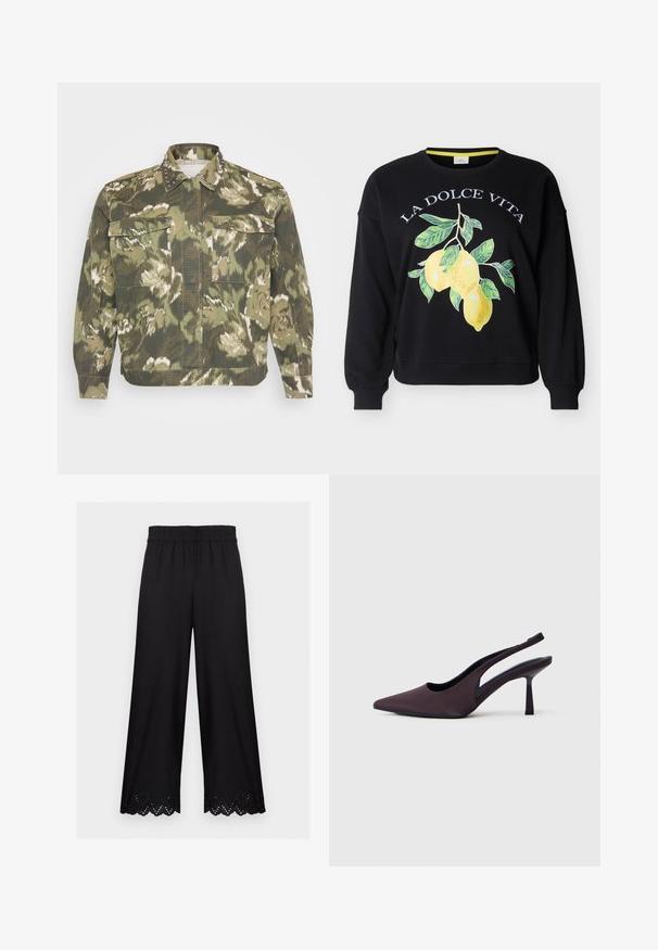 Militærinspireret skjortejakke i grøn camouflageprint. Har nitter på kraven og manchetterne, med to brystlommer og lange ærmer.; Sort crewneck-sweatshirt med teksten "LA DOLCE VITA" og en grafik af tre gule citroner med grønne blade på forsiden.; Sorte vidde bukser med elastisk talje og scallopet blondekant ved kanten, vist på en ensartet lys baggrund.; Slingback sko med hæl i mørk lilla stof. Spids tå-design, åbne sider og en slank, firkantet hæl. Glat tekstur.