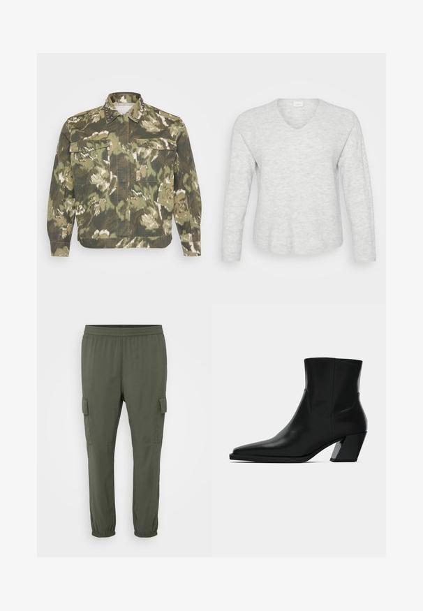 Militærinspireret skjortejakke i grøn camouflageprint. Har nitter på kraven og manchetterne, med to brystlommer og lange ærmer.; Lys grå langærmet sweater med ribbet tekstur, V-hals og en let buet kant. Blødt materiale med subtile mønstervariationer.; Grønne cargo bukser med elastisk talje, indsnævrede ben og sidelommer. Fremstillet af letvægtsstof med en glat tekstur.; Sortlæder ankelstøvle med spids tå, en slank silhuet og en kraftig firkantet hæl. Glat tekstur med minimale stikninger.