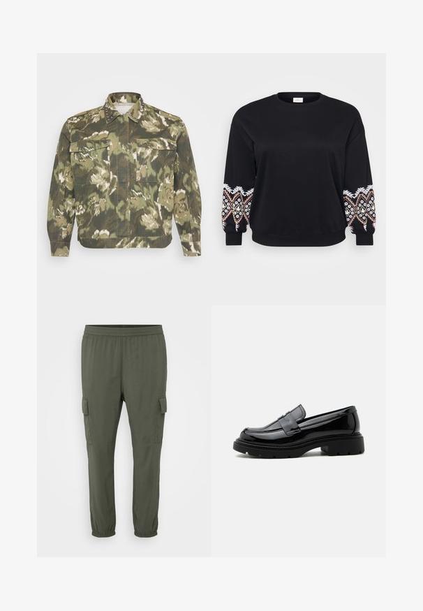 Militærinspireret skjortejakke i grøn camouflageprint. Har nitter på kraven og manchetterne, med to brystlommer og lange ærmer.; Sort sweatshirt med rund hals. Lange ærmer med intrikate broderede mønstre i hvid, pink og gul på manchetterne. Blødt stof.; Grønne cargo bukser med elastisk talje, indsnævrede ben og sidelommer. Fremstillet af letvægtsstof med en glat tekstur.; Sort skinnende læderloafer med kraftig sål og pennyrem, vist i sideprofil på en ensfarvet hvid baggrund.