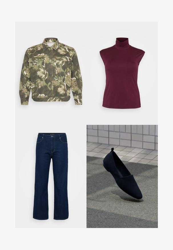 Militärstil Hemdjacke im grünen Camouflage-Muster. Mit Nietenakzenten am Kragen und an den Bündchen, zwei Brusttaschen und langen Ärmeln.; Burgunderfarbener, ärmelloser Rollkragenpullover aus weichem, elastischem Stoff; verfügt über einen hohen Kragen und eine glatte Textur ohne Muster oder Akzente.; Dunkelblaue Denim-Jeans mit geradem Schnitt, ausgestattet mit einem Reißverschluss, fünf Taschen und sichtbaren Nähten.; Schwarzer flacher Schuh mit spitzem Zehenbereich, glatter Textur und minimalistischer Gestaltung. Verfügt über einen kleinen Absatz und eine Schlaufe an der Rückseite.