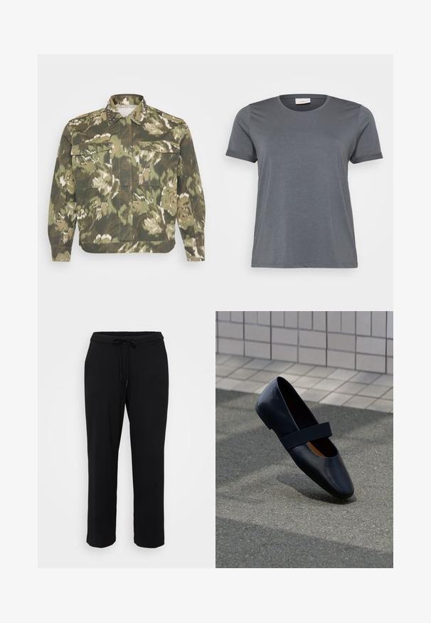Militärstil Hemdjacke im grünen Camouflage-Muster. Mit Nietenakzenten am Kragen und an den Bündchen, zwei Brusttaschen und langen Ärmeln.; Graues kurzärmliges T-Shirt aus weichem Material mit klassischem Rundhalsausschnitt und aufgerollten Ärmeln. Glatte Textur ohne sichtbare Muster.; Schwarze Sweatpants mit lockerer Passform, elastischem Bund, verstellbarem Kordelzug und geradem Bein. Hergestellt aus weichem Stoff. Keine sichtbaren Muster.; Schwarze Leder-Ballerina mit runder Zehenpartie, ausgestattet mit einem weichen schwarzen Elastikband über dem Vorderfuß. Glatte Textur und minimalistisches Design.