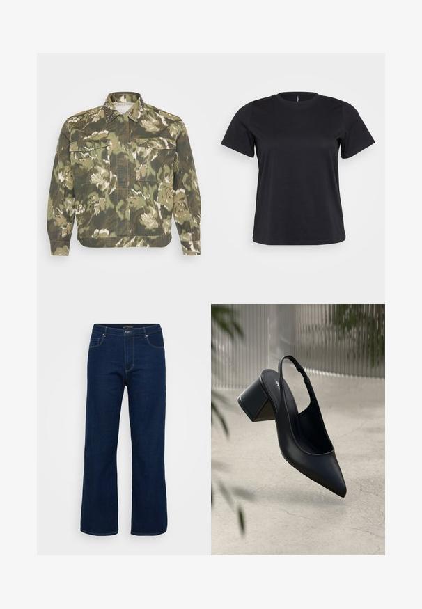 Militærinspireret skjortejakke i grøn camouflageprint. Har nitter på kraven og manchetterne, med to brystlommer og lange ærmer.; Sort bomulds-t-shirt med korte ærmer, rund halsudskæring, afslappet pasform og glat tekstur. Ingen synlige grafik eller mønstre.; Mørkeblå denim jeans med lige pasform, der har en lynlås, fem lommer og synlige syninger.; Sort læder slingback hæl med spids tå og blokhæl. Glat tekstur, minimalistisk design og justerbar ankelrem.
