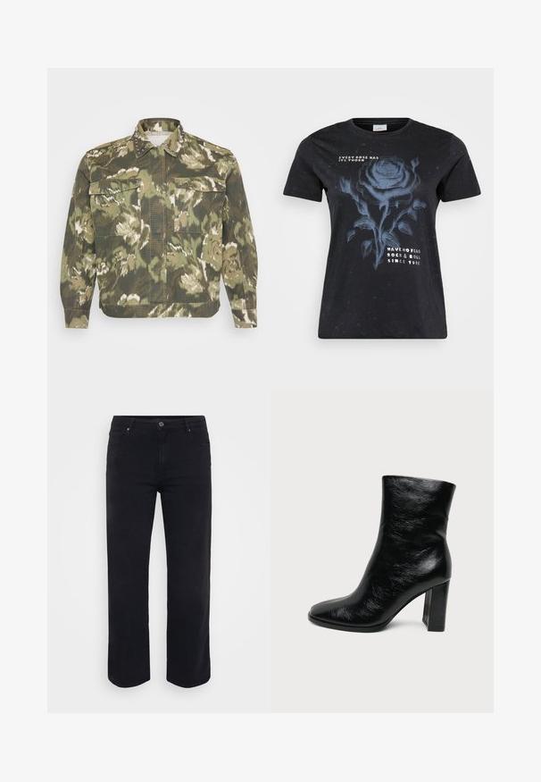 Militærinspireret skjortejakke i grøn camouflageprint. Har nitter på kraven og manchetterne, med to brystlommer og lange ærmer.; ONLY Carmakoma CARMIKO WASHED SS REG TEE JRS - T-shirts print - black; Sorte denimjeans med lige ben-design. Funktioner inkluderer en knaplukning i taljen, bæltestropper og front-/baglommer. Glat tekstur.; Sort glat læderankelstøvle med rundet tå og chunky høj hæl på en ensfarvet lys baggrund.