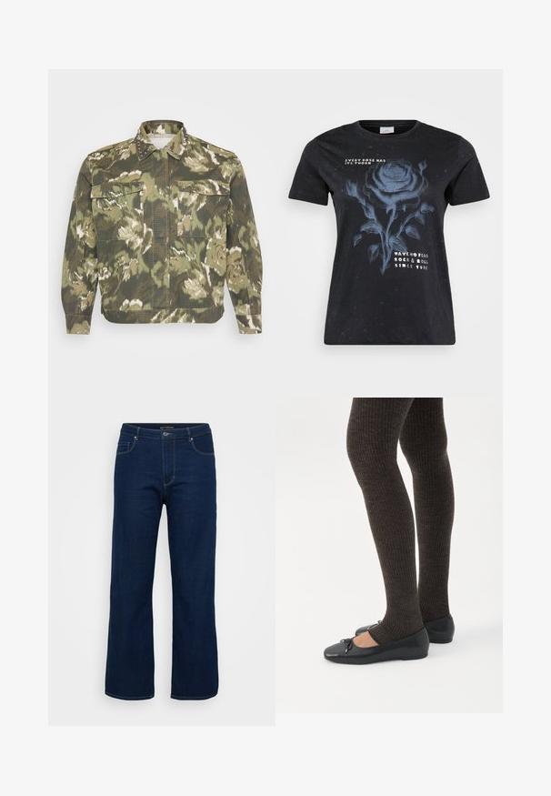 Militærinspireret skjortejakke i grøn camouflageprint. Har nitter på kraven og manchetterne, med to brystlommer og lange ærmer.; ONLY Carmakoma CARMIKO WASHED SS REG TEE JRS - T-shirts print - black; Mørkeblå denim jeans med lige pasform, der har en lynlås, fem lommer og synlige syninger.; Ben iført mørke ribbede leggings kombineret med sorte balletsko med små sløjfedetaljer på hvid baggrund.