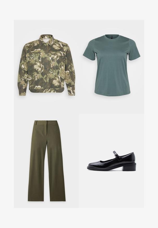 Militærinspireret skjortejakke i grøn camouflageprint. Har nitter på kraven og manchetterne, med to brystlommer og lange ærmer.; Kortærmet t-shirt i afdæmpet grøn, rund halsudskæring, lavet af blød bomuldsblanding, med en glat tekstur og løs pasform.; Mørk olivengrønne bukser med vide ben, høj talje, bæltestropper og skjult forlukning foran på en ensfarvet lys baggrund.; Sort laklæder Mary Jane-sko med lav blokhæl og justerbar rem med spænde på ensartet lys baggrund.