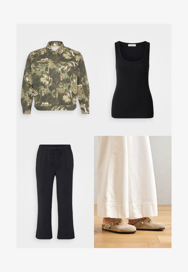 Militærinspireret skjortejakke i grøn camouflageprint. Har nitter på kraven og manchetterne, med to brystlommer og lange ærmer.; Sort ribbet tanktop med rund halsudskæring, brede skulderstropper og en tætsiddende pasform. Label bagpå med teksten "Marc O'Polo."; Sorte joggerbukser lavet af blødt stof, med en elastisk talje med snørre, sidelommer og et lige ben.; Beige ruskinds clogs med en spænde og nikkede accenter, iført med hvide brede bukser, sat på et trægulv.