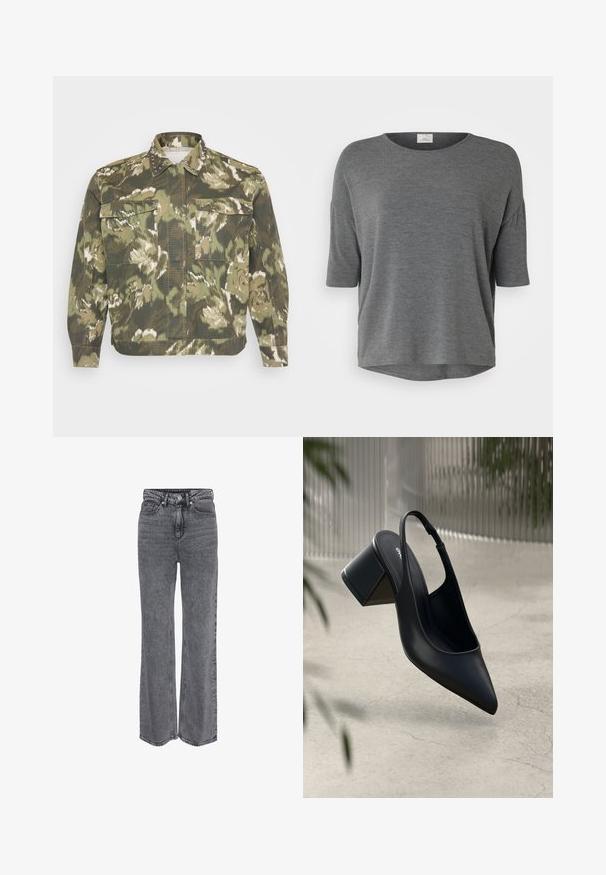 Militair-stijl overhemdjack in groene camouflageprint. Kenmerkt zich door studaccenten op de kraag en manchetten, met twee borstzakken en lange mouwen.; Grijs T-shirt met korte mouwen van zachte stof, met een relaxte pasvorm, ronde halslijn en gebogen zoom. Geen duidelijke patronen of accenten.; Hoge taille, rechte grijze spijkerbroek van denim met knopen aan de voorkant, ritssluiting en klassiek ontwerp met vijf zakken.; Zwarte leren slingback hak met een spitse neus en een blokhak. Glad oppervlak, minimalistisch ontwerp en verstelbare enkelband.