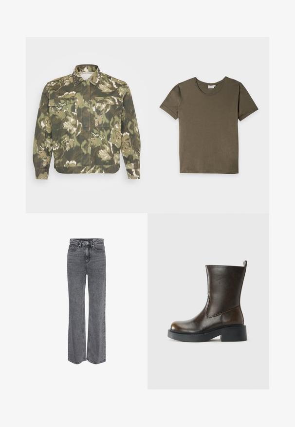 Militærinspireret skjortejakke i grøn camouflageprint. Har nitter på kraven og manchetterne, med to brystlommer og lange ærmer.; Ensfarvet olivengrøn T-shirt med korte ærmer, rund halsudskæring, opkrogede ærmekanter og en lille hvid label indeni kraven.; Grå denimjeans i høj talje og med lige ben, med frontknap, lynlåslukning og klassisk design med fem lommer.; Mørkebrune læderstøvler til midten af læggen med rund tå, tyk sort sål, lav blokhælel og en trækflap bagpå.