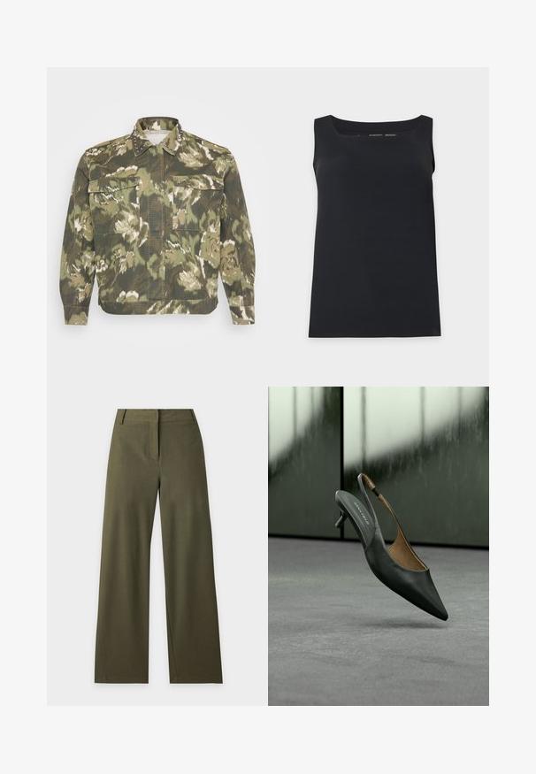 Militærinspireret skjortejakke i grøn camouflageprint. Har nitter på kraven og manchetterne, med to brystlommer og lange ærmer.; Sort ærmeløs tanktop med firkantet halsudskæring, vist på en enkel lys baggrund.; Mørk olivengrønne bukser med vide ben, høj talje, bæltestropper og skjult forlukning foran på en ensfarvet lys baggrund.; Sort slingback sko med spidset tå og lille hæl med tynd rem og "ANNA FIELD" mærke på indersålen, mod en sløret grå baggrund.