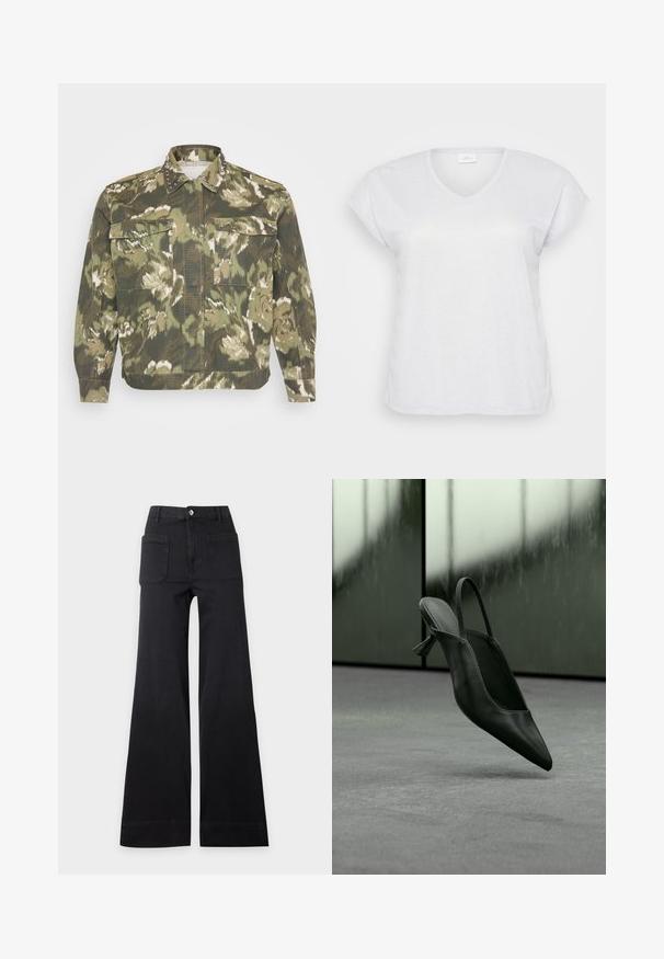 Militærinspireret skjortejakke i grøn camouflageprint. Har nitter på kraven og manchetterne, med to brystlommer og lange ærmer.; Hvid kortærmet V-hals t-shirt med en subtil skimmereffekt, der har en afslappet pasform og ingen synlige mønstre eller accenter.; Sorte bukser med høj talje og vide ben med frontlommer med lap og knaplukning, lagt fladt på en ensartet lys baggrund.; Sort læder slingback højhælet sko med spids tå svævende over gråt tæppe, sløret grønlig væg i baggrunden.