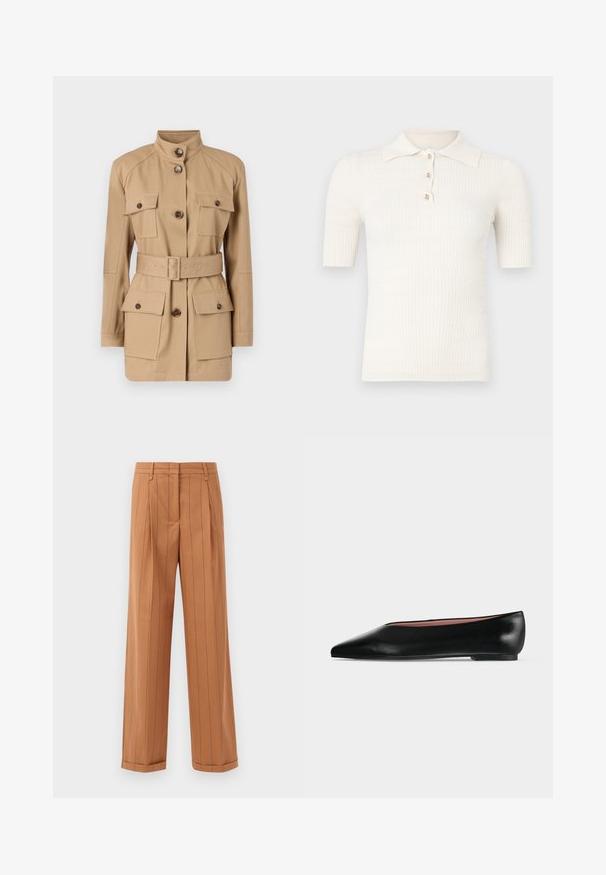 Tan utility jacket featuring a stand collar, two chest pockets with button flaps, and a belted waist. Made from lightweight fabric.; Kermanvärinen ribbineulottu poolopaita, jossa on lyhyet hihat, tasainen kaulus ja kolme koristeellista nappia kaula-aukon kohdalla. Sileä tekstuuri.; Ruske pinstriped hlače s krojem po mjeri, ki imajo gube, ravno rez in manšeto. Narejene so iz gladkega materiala.; Mustaa nahkaa oleva naisille tarkoitettu matala kärkinen ja matalakorkoinen kenkä, kuvattuna sivusta vaaleanharmaalla yksivärisellä taustalla.