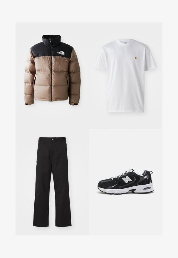 Doudoune avec une partie supérieure noire et une partie inférieure marron clair, dotée d'une fermeture éclair à l'avant, de poches latérales et d'un logo sur la poitrine.; T-shirt en coton blanc à manches courtes, col rond, avec un petit logo doré sur la poitrine gauche. Texture douce et coupe régulière.; Pantalons noirs en tissu durable avec une coupe droite, dotés d'une fermeture à bouton à l'avant, de passants de ceinture et sans motifs ni accents visibles.; Baskets de sport noires et grises avec un tige en mesh et en suède, présentant une semelle intermédiaire blanche, des lacets et un logo "N" audacieux sur le côté.