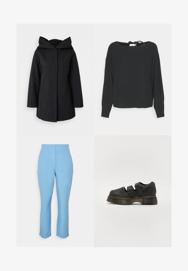 Abrigo negro con capucha, hecho de tela suave, con cremallera frontal, mangas largas y dos bolsillos laterales. Diseño sencillo y minimalista.; Vero Moda Petite VMINGE O NECK - Blusa - black; Vero Moda Petite VMKIRALOA TAPERED SOLID PANT - Pantalones - little boy blue; Zapato de cuero negro con dos correas ajustables de hebilla, suela texturizada elevada y costuras naranjas visibles a lo largo de la media suela.