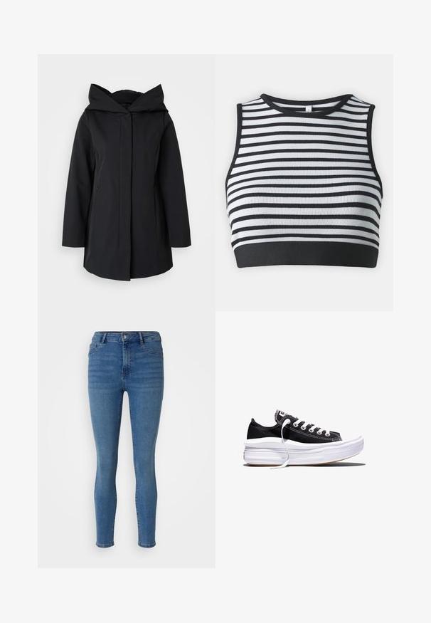 Manteau noir à capuche en tissu lisse, doté d'une fermeture éclair à l'avant, de manches longues et de deux poches latérales. Design simple et minimaliste.; Top court sans manches à rayures noires et blanches avec une texture côtelée et un ourlet noir uni. Encolure ronde avec un bord contrastant.; Jean skinny en denim bleu moyen, avec une fermeture à bouton sur le devant, des passants de ceinture et une coupe cinq poches avec une texture lisse.; Baskets basses en toile noire avec des lacets blancs et une semelle épaisse en caoutchouc blanc multi-couches sur fond blanc.