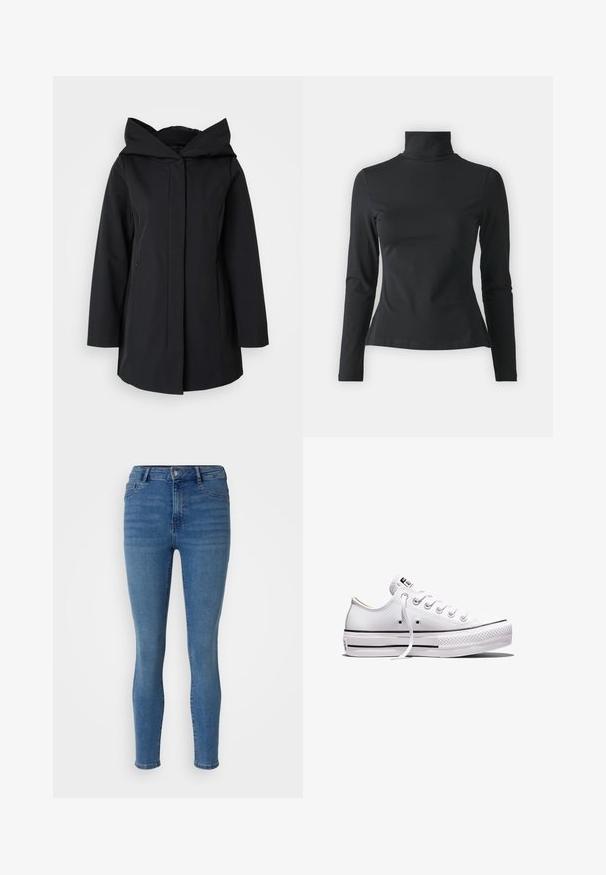Schwarzer Kapuzenmantel aus glattem Stoff, mit einem Frontreißverschluss, langen Ärmeln und zwei Seitentaschen. Einfaches, minimalistisches Design.; Even&Odd Petite Langarmshirt - black; Engschnittjeans aus mittelblauem Denim mit einem vorderen Knopfverschluss, Gürtelschlaufen und Fünf-Taschen-Design sowie einer glatten Textur.; Weißer Sneaker aus Segeltuch mit niedrigem Schnitt, weißen Schnürsenkeln, Gummisohle, schwarzen Streifendetails und Logopatch auf der Zunge und Ferse.