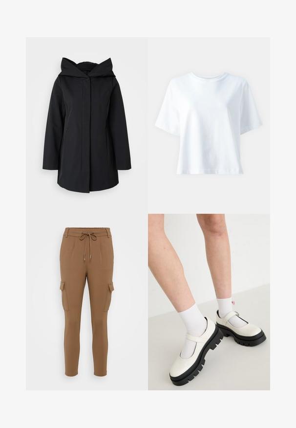 Abrigo negro con capucha, hecho de tela suave, con cremallera frontal, mangas largas y dos bolsillos laterales. Diseño sencillo y minimalista.; Camiseta de algodón blanca con cuello redondo, mangas cortas, ajuste relajado y textura suave. Sin patrones ni acentos visibles.; Pantalones cargo marrones con cintura ajustable, dos bolsillos laterales y puños elásticos. Hechos de una tela suave con una textura lisa.; Zapatos Mary Jane de cuero blanco brillante con una suela negra gruesa, que cuentan con una correa en el empeine y se llevan con calcetines blancos.