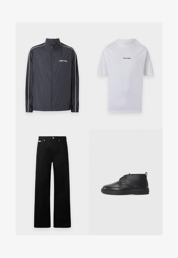 Calvin Klein Jeans Lichte jas - ebony; Wit T-shirt met korte mouwen, met het Calvin Klein-logo centraal op de borst en subtiele gele strepen langs de schouders en mouwen.; Zwarte spijkerbroek met een wijd uitlopende pasvorm, voorzien van vijf zakken en metallic knopen. Gladde textuur, geen zichtbare patronen.; Zwarte leren enkelboots met een gladde textuur, ronde neus en zwarte rubberen zool. Voorzien van een vetersluiting en een hielbandje voor eenvoudig aan- en uittrekken.