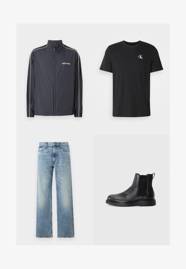 Calvin Klein Jeans Letná bunda - ebony; Čierne tričko s krátkym rukávom a okrúhlym výstrihom, s malým bielym logom "cK" na hornej ľavej strane hrudníka.; Svetlomodré riflové nohavice s rovnými nohavicami, vysokým pásom, piatimi vreckami, zapínaním na gombík a jemným vyblednutím na stehnách a kolenách.; Čierne kožené chelsea čižmy s textúrovaným povrchom, elastickými bočnými panelmi a pevným gumovým podpätkom. Diskrétny branding na päte.