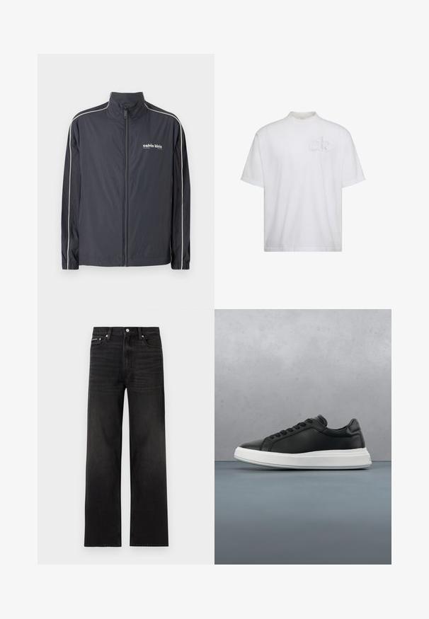 Calvin Klein Jeans Lichte jas - ebony; Witte T-shirt met korte mouwen en een neklijn, met een subtiel verhoogd "ck"-logo op de linker borst.; Zwarte jeans met rechte pijpen, vijf zakken, riemlussen en knoopsluiting, weergegeven op een witte achtergrond.; Zwarte leren sneaker met een gladde afwerking, witte rubberen zool, ronde vorm, zes openingen voor veters en subtiele branding op de hiel.