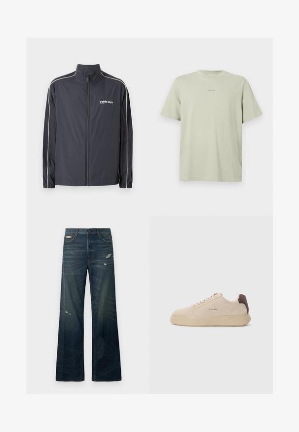 Calvin Klein Jeans Chaqueta fina - ebony; Camiseta de algodón verde clara con cuello redondo, mangas cortas y un pequeño logo de Calvin Klein en una tonalidad más oscura impreso en el pecho.; Jeans de mezclilla oscura de pierna ancha, con desvanecimientos claros y áreas desgastadas. Cuenta con un cierre de botón y un diseño clásico de cinco bolsillos.; Zapatilla de ante beige con punta redondeada, cordones en la parte frontal y un acento de ante marrón en el talón. Cuenta con una suela de goma texturizada.