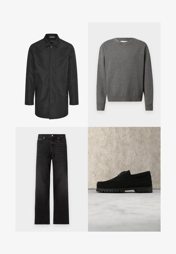 Sort vandtæt jakke med krave, frontlukning med knapper, dobbelte sidelommer og en glat, mat overflade.; Grå crewneck sweater lavet af blødt strikket stof. Har lange ærmer og ribbede manchetter og kant. Minimalistisk design uden synlige logoer.; Sorte jeans med lige ben, fem-lomme design, bæltestropper og knaplukning, vist på en hvid baggrund.; Sort snørestøvle med tyk rilled sål, der svæver over beige tæppe, brun moderne rundt bord i blødt oplyst rum i baggrunden.