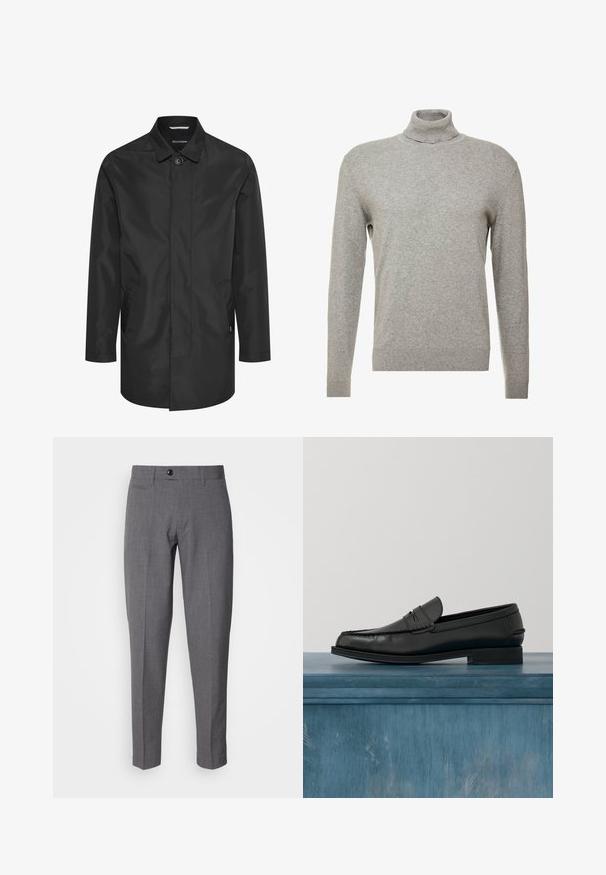 Zwarte waterdichte jas met een kraag, sluiting met knopen aan de voorkant, dubbele zijzakken en een gladde, matte afwerking.; Grijze pullover trui met een hoge hals en lange mouwen. Gemaakt van een gladde, zachte stof met een nauwsluitend ontwerp en geribbelde accenten aan de zoom.; Grijze op maat gemaakte broeken met een gladde textuur, voorzien van een enkele knoopsluiting, voorkeurszakken en een slim fit ontwerp.; Zwarte leren loafers met een strak ontwerp, voorzien van een gestikte neus en een gladde afwerking. De schoen heeft een lage hak en minimale details.