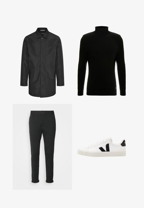 Sort vandtæt jakke med krave, frontlukning med knapper, dobbelte sidelommer og en glat, mat overflade.; Sort turtleneck sweater med lange ærmer, ribbet tekstur, tætsiddende silhuet og lille mærke nederst til venstre.; Sorte bukser lavet af et glat stof med lige pasform. Har en enkelt knaplukning og opspejdede manchetter.; Hvide lædersneakers med sorte ruskindsdetaljer; har en gummisål, rund tå og klassisk snørebåndsdesign. Side logo i sort.