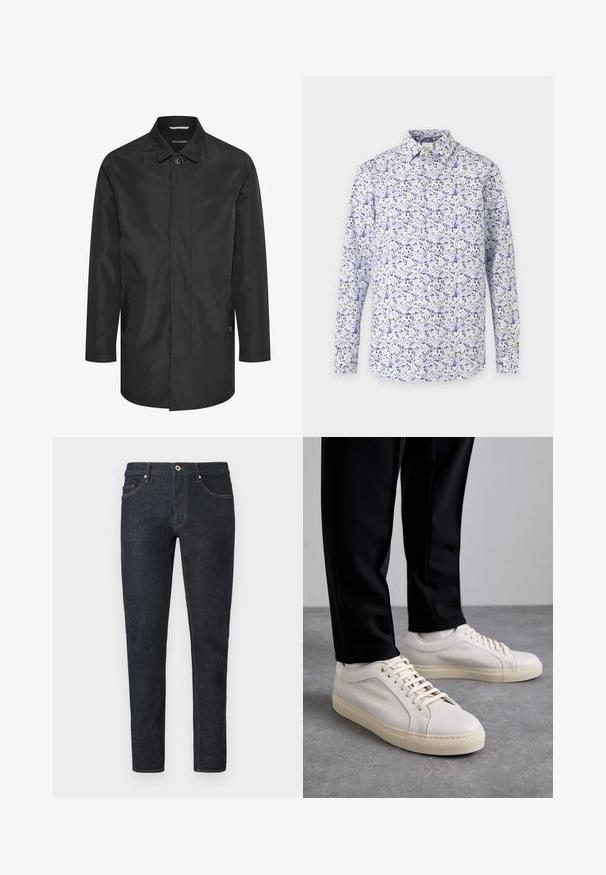 Sort vandtæt jakke med krave, frontlukning med knapper, dobbelte sidelommer og en glat, mat overflade.; Langærmet skjorte med knapper, hvid baggrund og små blå og sorte blomsterprint foran og på ærmerne.; Mørkeblå, slanke denimjeans med frontlommer, bæltestropper og en knaplukning ved taljen.; Lys beige lædersneakers med flade snørebånd, en tekstureret overflade og en kontrasterende cremelilla gummisål, båret med sorte tapered bukser.