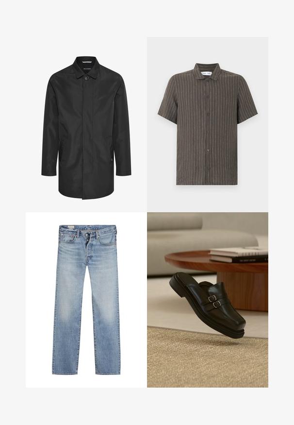 Sort vandtæt jakke med krave, frontlukning med knapper, dobbelte sidelommer og en glat, mat overflade.; Brun kortærmet skjorte med knapper, hvide lodrette nålestriber og en spredt krave.; Lyseblå denimjeans med lige ben, der har en knaplukning, fem-lomme design og en falmet tekstur langs lårene.; Sort læder slip-on sko med dobbelte sølvspænder, vist i luften over et tekstureret beige tæppe, nær et træ sofabord og bøger.