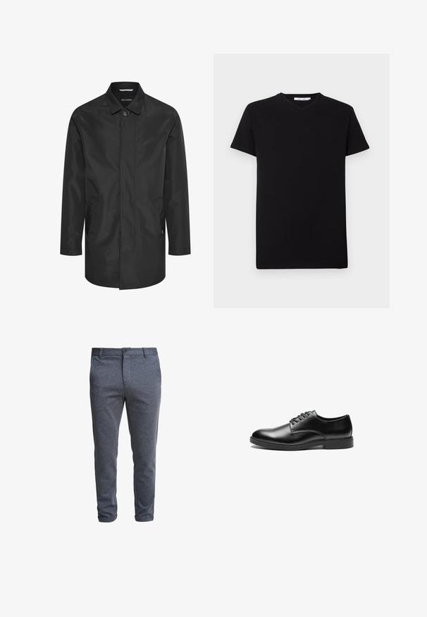 Zwarte waterdichte jas met een kraag, sluiting met knopen aan de voorkant, dubbele zijzakken en een gladde, matte afwerking.; Zwarte katoenen T-shirt met korte mouwen en een V-hals. Eenvoudig ontwerp, effen kleur en zachte textuur. Geen zichtbare patronen of accenten.; Donkergrijze, slim-fit herenbroek met knoopsluiting en riemlussen, weergegeven tegen een witte achtergrond.; Zwarte leren dresschoenen met een gladde afwerking, ronde neus, een vetersluiting met zes oogjes en een platte rubberen zool.