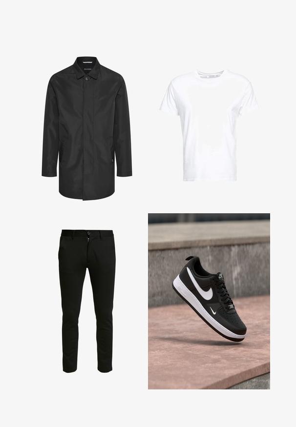 Sort vandtæt jakke med krave, frontlukning med knapper, dobbelte sidelommer og en glat, mat overflade.; Hvid bomulds t-shirt med rund halsudskæring og korte ærmer, i en klassisk pasform og glat tekstur. Ingen mønstre eller hardware synlige.; Sorte slim-fit bukser lavet af et blødt stof. Har lynlås og knaplukning, med to sidelommer og en ren, glat tekstur.; Sort-hvid Nike Air Force 1 sneaker svævende over en lyserød betonflade med en grå stenbaggrund.