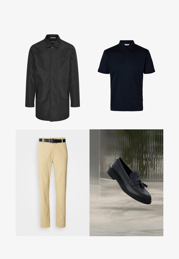 Sort vandtæt jakke med krave, frontlukning med knapper, dobbelte sidelommer og en glat, mat overflade.; Sort kortærmet polo med krave og to knapper foran, ensfarvet design uden synlige logoer eller mønstre.; Beige bomuldsbukser med lige ben-design, sikret med et sort læderbælte med en sølvspænde.; Sorte læderloafers med en glat tekstur, en rundet tå og dekorative kvaster foran. Fleksibel gummisål med lav hæl.
