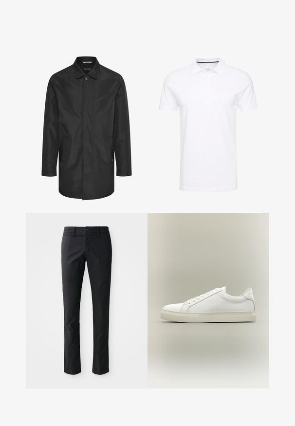 Sort vandtæt jakke med krave, frontlukning med knapper, dobbelte sidelommer og en glat, mat overflade.; Hvid polo t-shirt lavet af bomuld, med en traditionel krave, korte ærmer og en tre-knap lukning med diskrete marineblå accenter på indersiden.; Sorte lige ben bukser lavet af glat stof med en enkelt knaplukning og bæltestropper. Minimalistisk design uden synlige mønstre.; Hvid lavtop sneaker med snørebånd foran og tyk sål, vist fra siden mod en neutral baggrund.