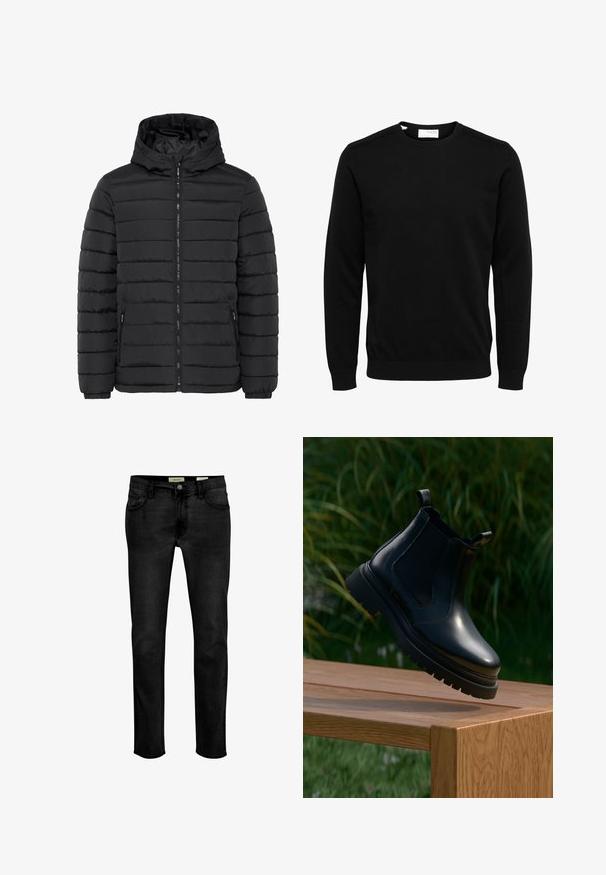 Veste doudoune noire avec fermeture éclair à l'avant, capuche, texture matelassée et poignets élastiques. Deux poches latérales avec fermetures éclair. Matériau doux et isolant.; Pull noir à manches longues avec col rond, poignets et ourlet côtelés, présenté sur fond blanc.; Jeans en denim noir avec une coupe slim, jambes droites, poches avant et une fermeture à bouton. Texture lisse et léger dégradé sur le tissu.; Bottine Chelsea en cuir noir avec un bout arrondi, une semelle en caoutchouc épaisse et des panneaux élastiques sur les côtés, exposée sur une surface en bois avec de la verdure en arrière-plan.