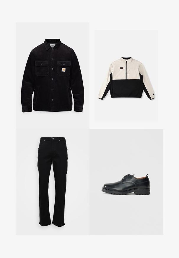 Veste en velours côtelé noir avec deux poches poitrine à rabat, un système de fermeture à boutons, et un patch logo sur la poche gauche. Tissu texturé.; Veste à demi-fermeture éclair en crème et noir. Poche avant sur le côté gauche de la poitrine. Tissu lisse avec un design en bloc de couleurs contrastées.; Jeans noirs à jambe droite avec poches avant, passants de ceinture et fermeture à bouton sur un fond blanc.; Chaussures derby en cuir noir avec une texture lisse, bout rond, design à lacets et une semelle en caoutchouc épaisse et robuste.
