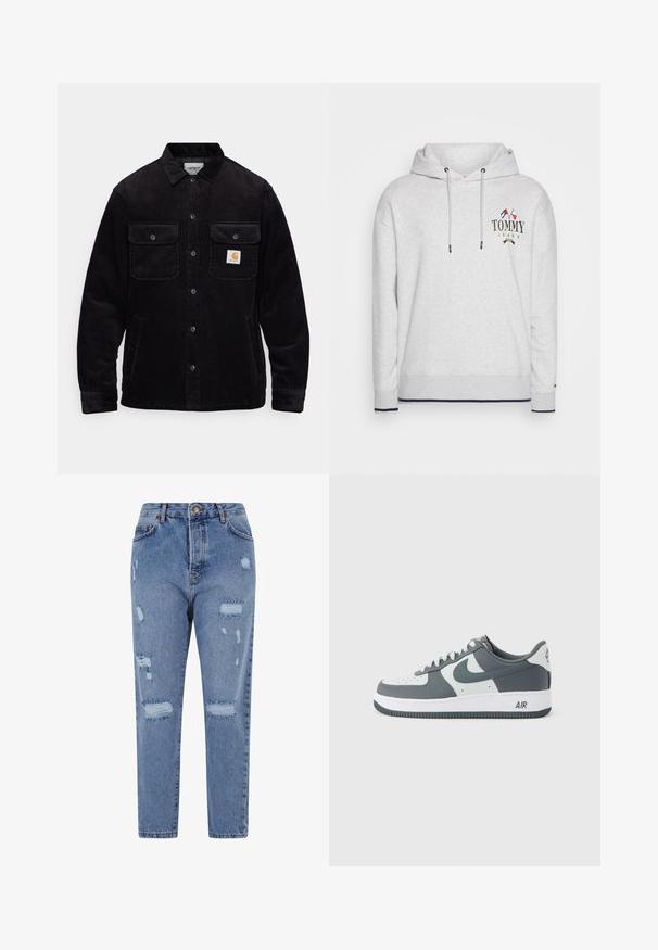 Veste en velours côtelé noir avec deux poches poitrine à rabat, un système de fermeture à boutons, et un patch logo sur la poche gauche. Tissu texturé.; Un hoodie gris clair en coton avec une capuche à cordon, des poignets et un ourlet côtelés, arborant un logo multicolore "TOMMY JEANS" sur la poitrine.; Jean en denim bleu clair, taille haute, jambe droite, avec un design déchiré comportant des déchirures et des bords effilochés.; Baskets basses Nike Air Force 1 en blanc et gris foncé avec des lacets blancs, des marquages visibles sur la semelle et le logo Nike Swoosh sur le côté.
