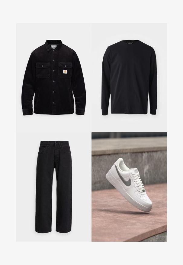 Veste en velours côtelé noir avec deux poches poitrine à rabat, un système de fermeture à boutons, et un patch logo sur la poche gauche. Tissu texturé.; T-shirt noir à manches longues en coton, avec un col rond et une coupe droite, présentant un petit logo sur la manche.; Pantalons larges en denim noir avec taille haute, dotés de cinq poches et d'une fermeture à bouton. Le tissu a une texture lisse et une légère élasticité.; Baskets blanches Nike Air Force 1 avec logo swoosh gris flottant au-dessus d'une surface en pierre et un mur en pierre gris en arrière-plan.