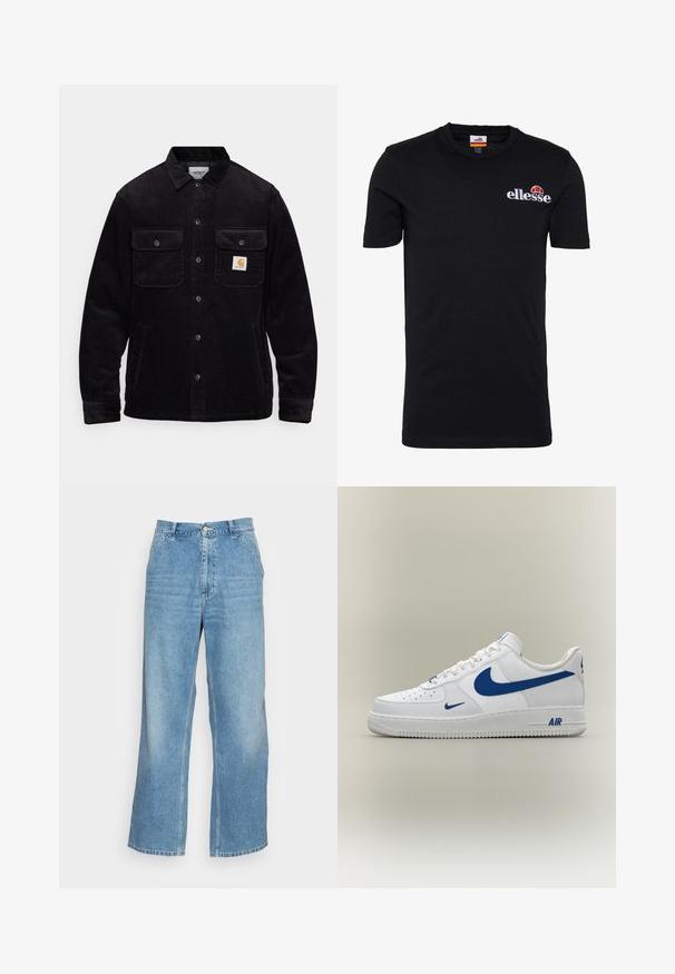 Veste en velours côtelé noir avec deux poches poitrine à rabat, un système de fermeture à boutons, et un patch logo sur la poche gauche. Tissu texturé.; T-shirt noir à manches courtes en coton. Doté d'un col rond et d'un logo "ellesse" brodé avec un accent rouge et orange.; Jean large en denim bleu clair. Dispose d'une taille haute, d'une fermeture à bouton et d'un design classique à cinq poches. Texture lisse.; Baskets blanches Nike Air Force 1 avec logos swoosh bleus et texte "AIR" sur la semelle, vues de côté sur un fond neutre.